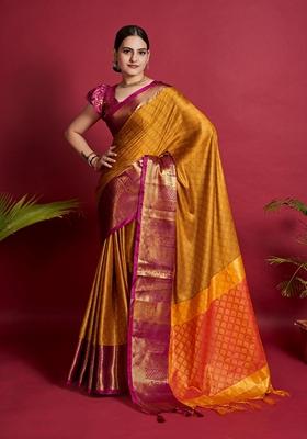 Mustard Woven Design Jacquard Saree Set