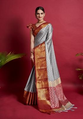 Light Grey Woven Design Jacquard Saree Set