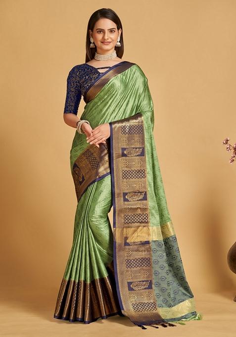 Green Woven Design Jacquard Saree Set