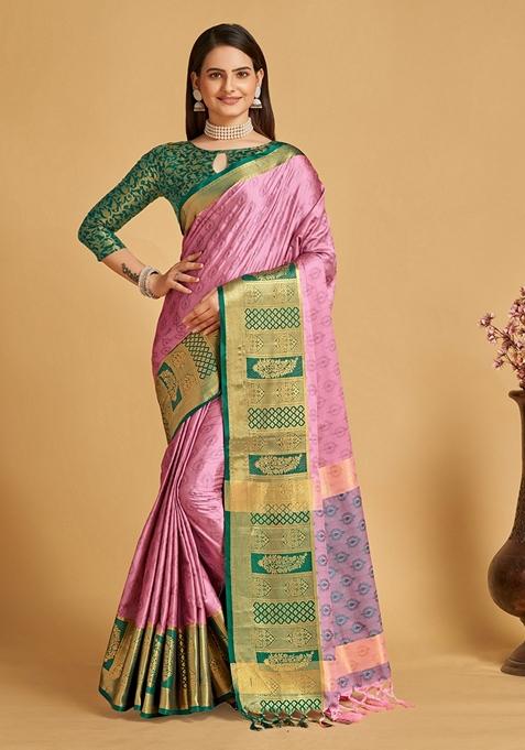 Pink Woven Design Jacquard Saree Set