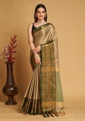 Beige Woven Design Jacquard Saree Set