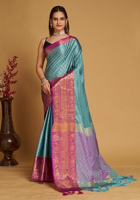 Sky Blue Woven Design Jacquard Saree Set