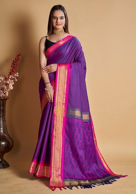 Purple Woven Design Jacquard Saree Set