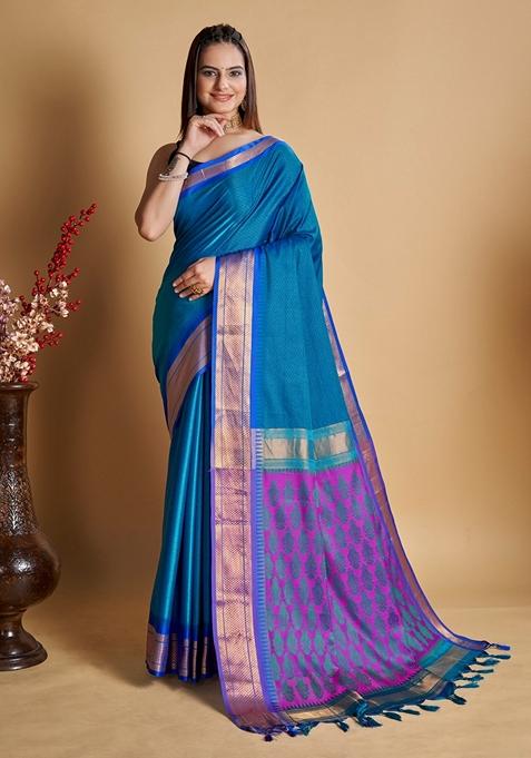 Sky Blue Woven Design Jacquard Saree Set