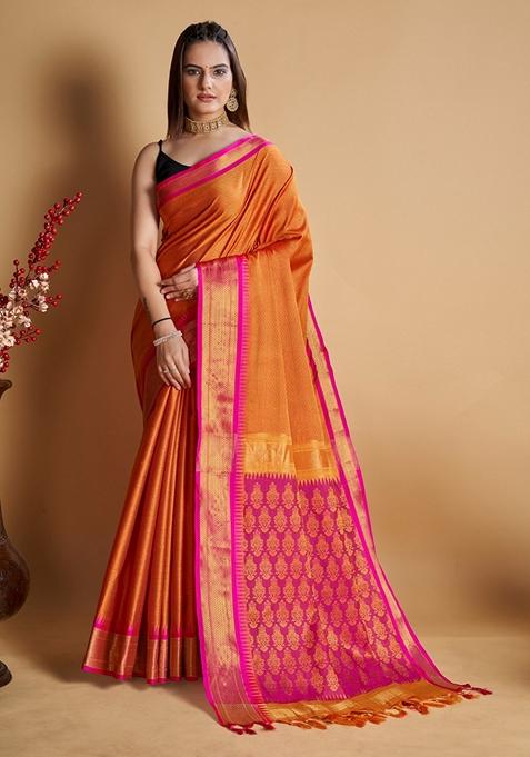 Orange Woven Design Jacquard Saree Set