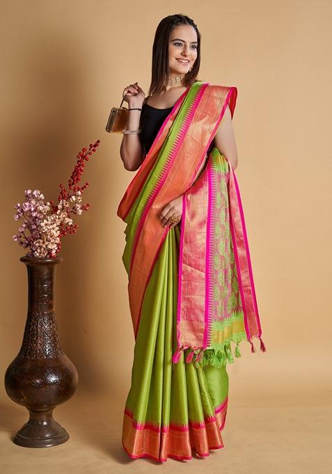 Green Woven Design Jacquard Saree Set