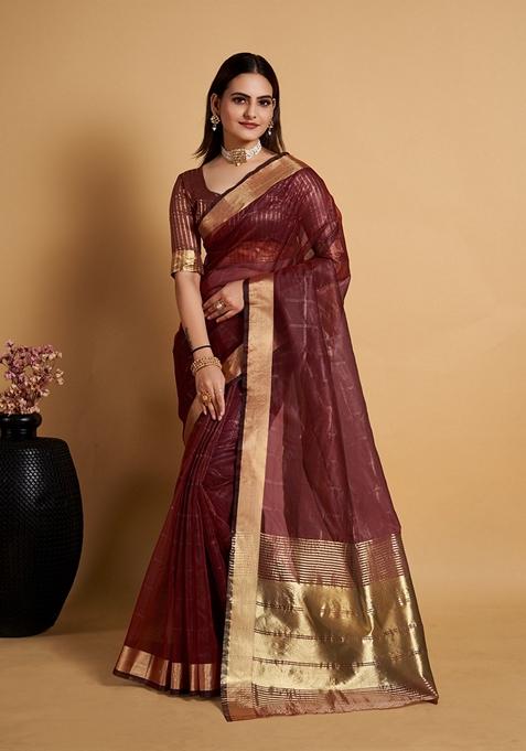 Red Woven Design Jacquard Saree Set