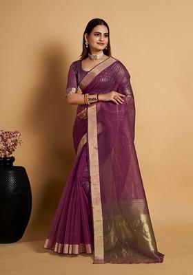 Purple Woven Design Jacquard Saree Set