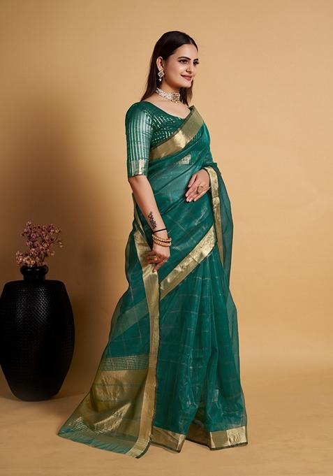 Turquoise Woven Design Jacquard Saree Set