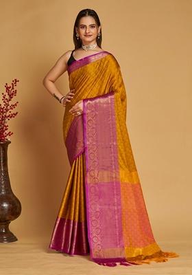 Mustard Woven Design Jacquard Saree Set