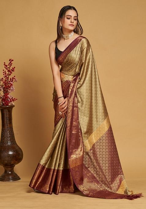 Beige Woven Design Jacquard Saree Set