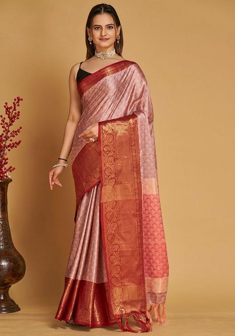 Pink Woven Design Jacquard Saree Set