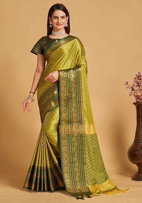 Green Woven Design Jacquard Saree Set