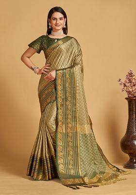 Beige Woven Design Jacquard Saree Set