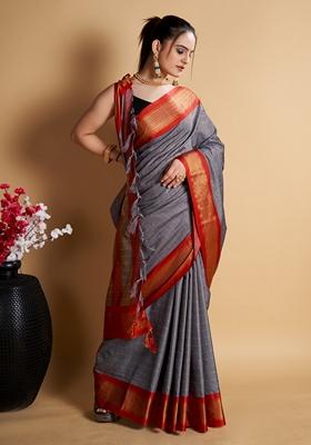 Light Grey Woven Design Jacquard Saree Set