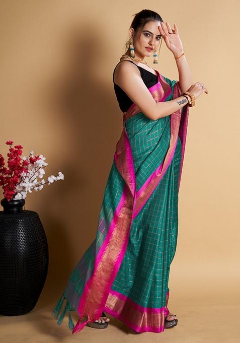 Turquoise Woven Design Jacquard Saree Set