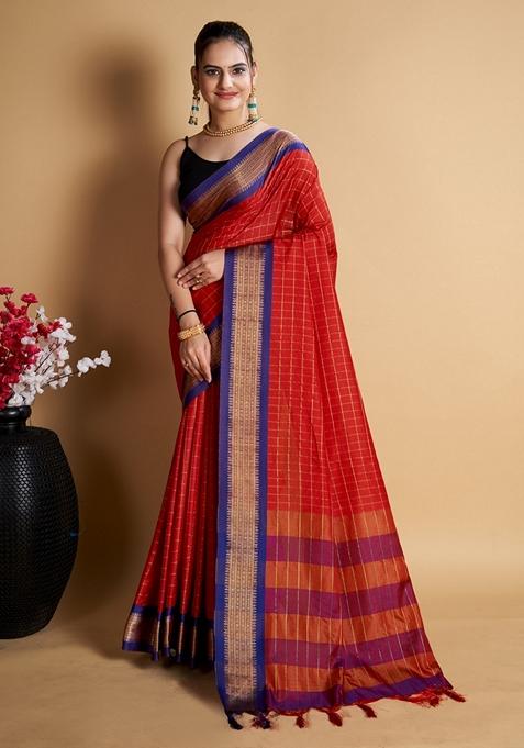 Red Woven Design Jacquard Saree Set