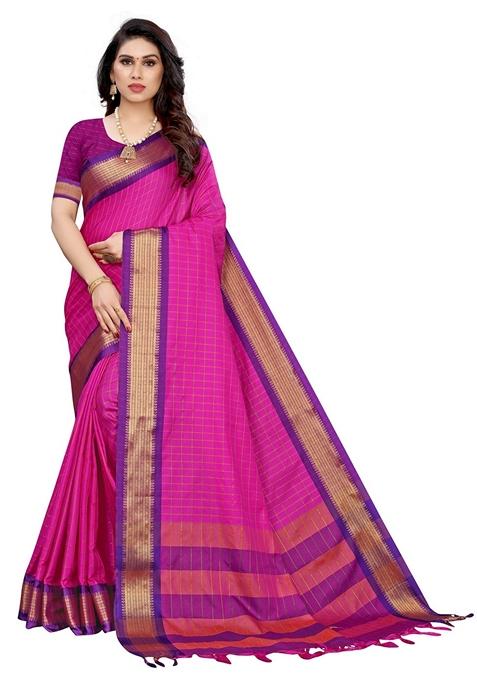 Rani Pink Woven Design Jacquard Saree Set