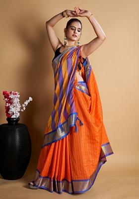 Orange Woven Design Jacquard Saree Set