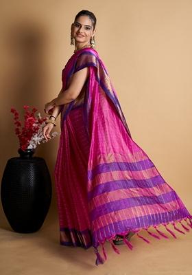 Rani Pink Woven Design Jacquard Saree Set