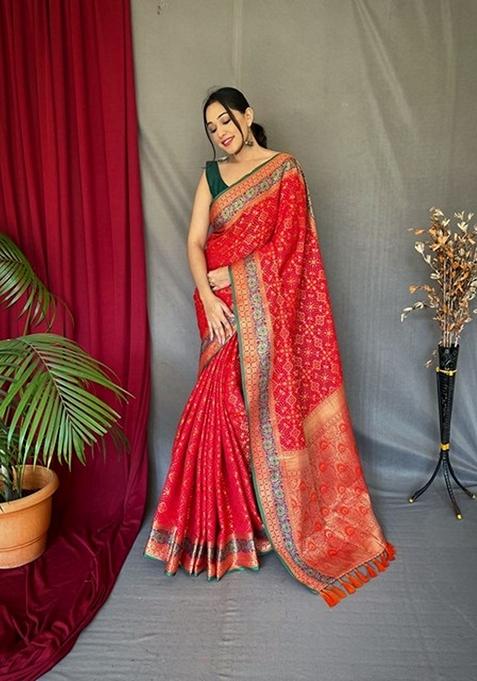 Red Woven Design Jacquard Saree Set