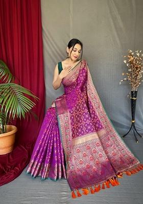 Purple Woven Design Jacquard Saree Set