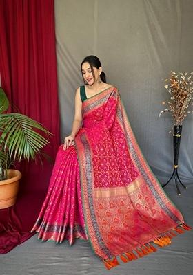 Rani Pink Woven Design Jacquard Saree Set