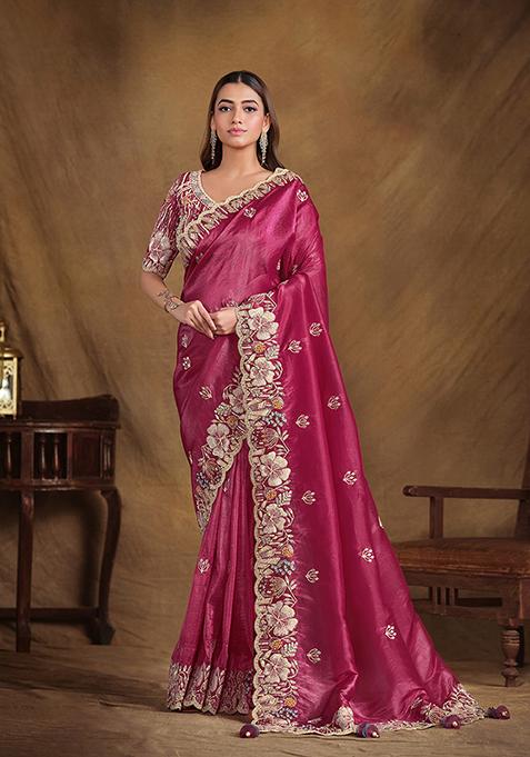 Pink Sequin Embroidered Crush Paper Silk Saree Set