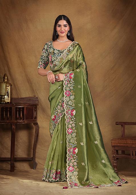 Olive Sequin Embroidered Glass Tissue Saree Set