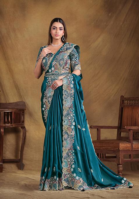 Blue Sequin Embroidered Crush Satin Silk Saree Set