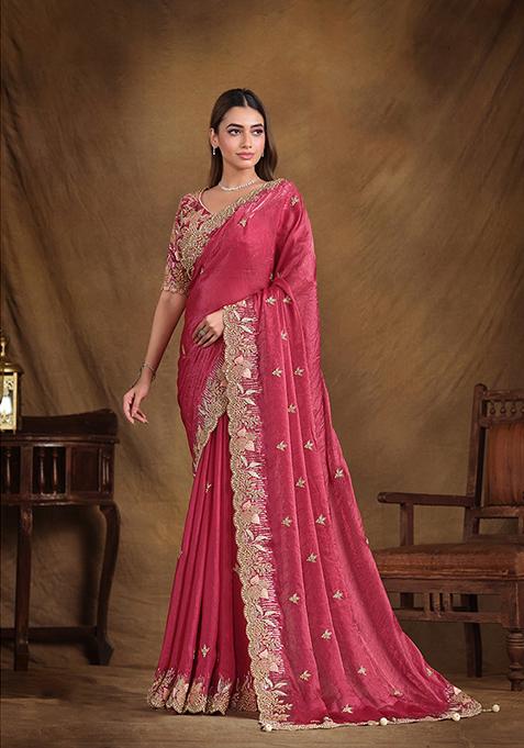 Pink Sequin Embroidered Two Tone Satin Silk Saree Set