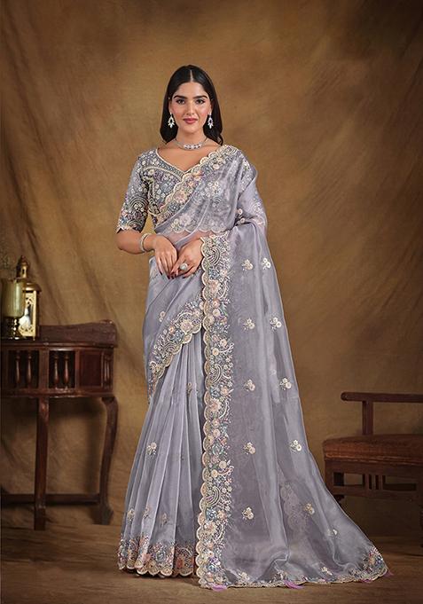 Grey Sequin Embroidered Organza Silk Saree Set