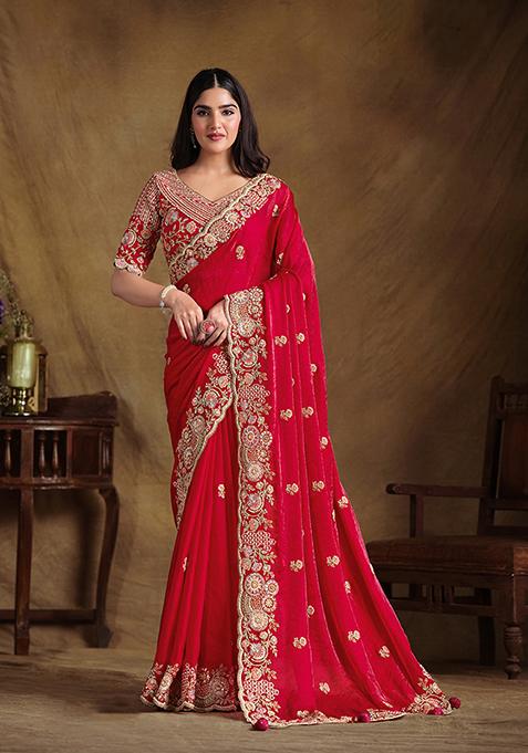 Red Sequin Embroidered Two Tone Satin Silk Saree Set