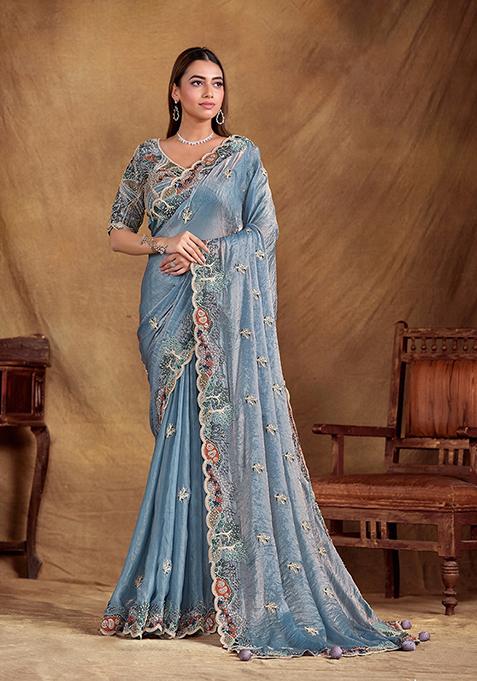 Light blue Sequin Embroidered Two Tone Satin Silk Saree Set