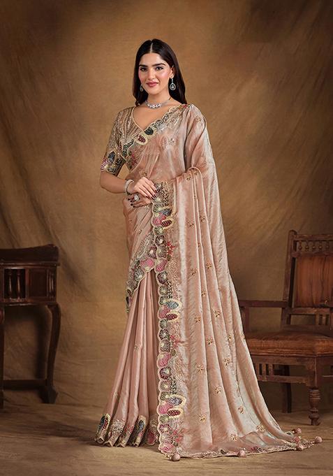 Peach Sequin Embroidered Two Tone Satin Silk Saree Set