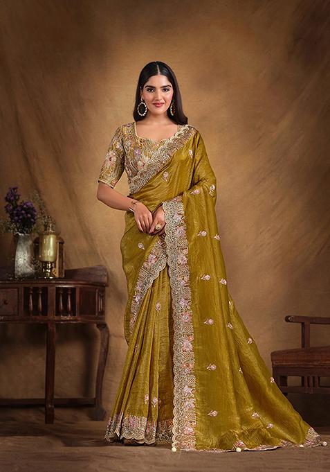 Mehndi Sequin Embroidered Crush Paper Silk Saree Set