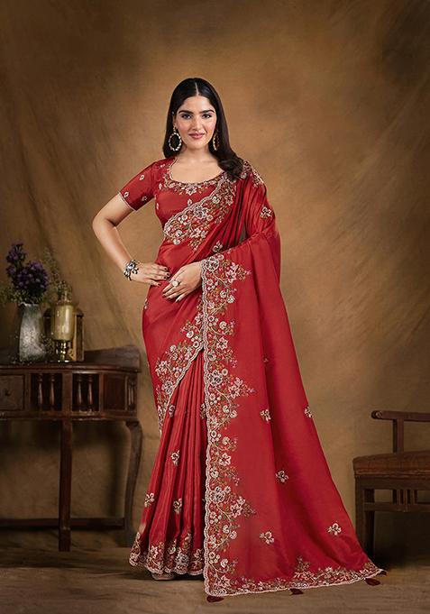 Red Sequin Embroidered Uppada Silk Saree Set