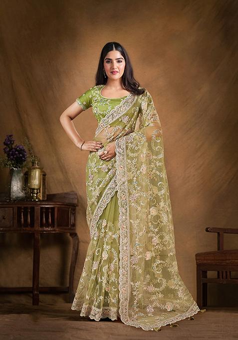 Green Sequin Embroidered Net Saree Set