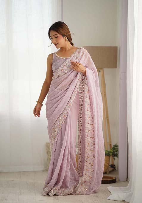 Lavender Sequin Embroidered Georgette Saree Set