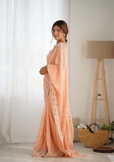 Peach Sequin Embroidered Georgette Saree Set