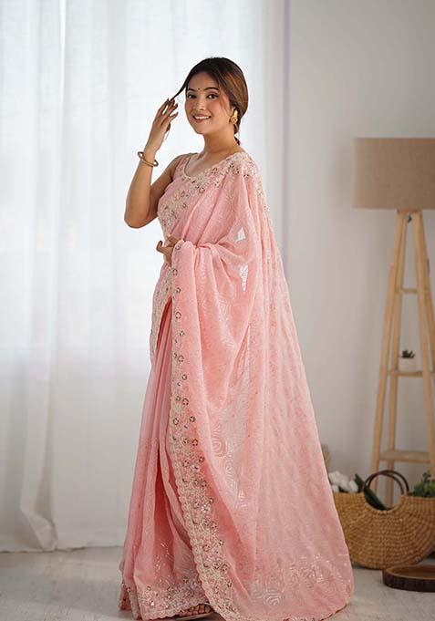 Pink Sequin Embroidered Georgette Saree Set