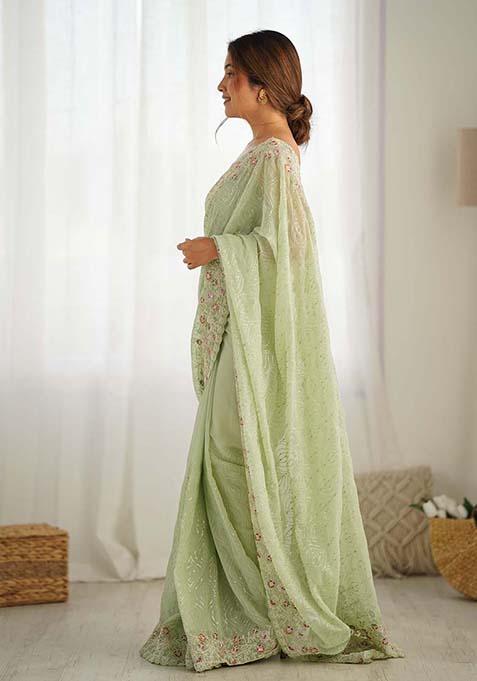 Pista Green Sequin Embroidered Georgette Saree Set