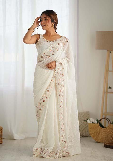 White Sequin Embroidered Georgette Saree Set