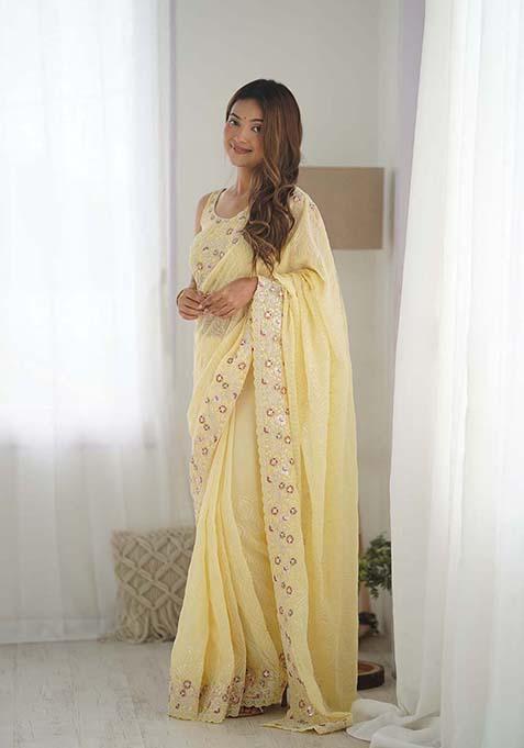 Yellow Sequin Embroidered Georgette Saree Set