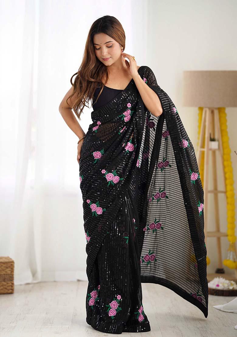 Black Sequin Thread Embroidered Georgette Saree Set