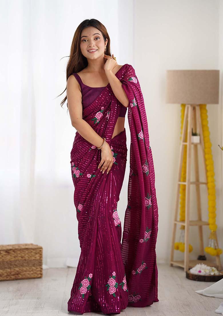 Wine Sequin Thread Embroidered Georgette Saree Set