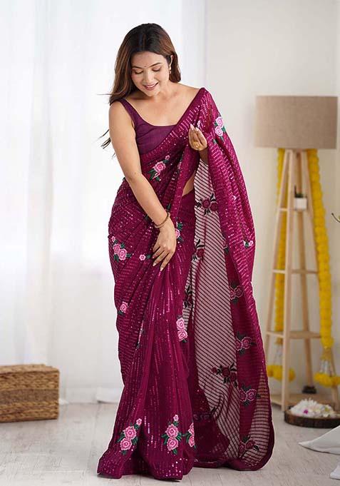 Wine Sequin Thread Embroidered Georgette Saree Set