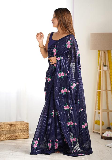 Blue Sequin Thread Embroidered Georgette Saree Set