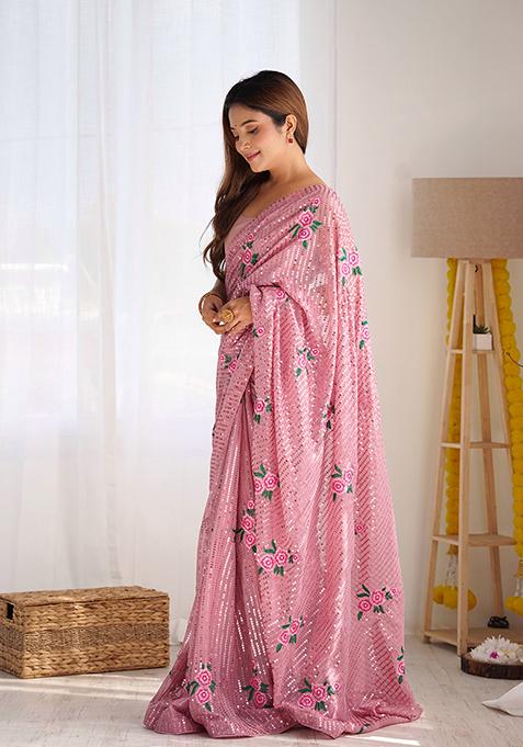 Onion Pink Sequin Thread Embroidered Georgette Saree Set