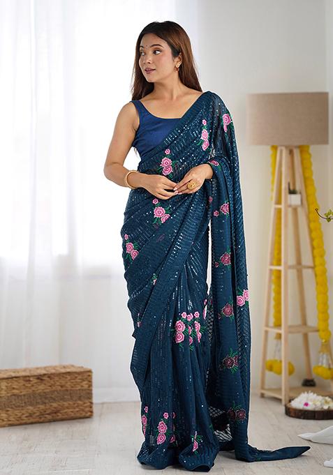 Teal Blue Sequin Thread Embroidered Georgette Saree Set